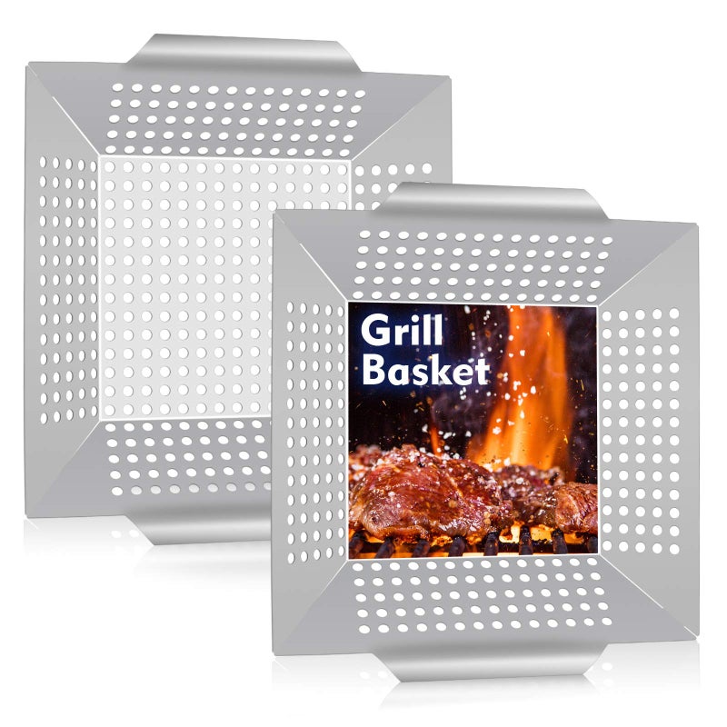 HaSteeL 8â€ Grilling Basket, HaSteeL Small BBQ Grill Basket Wok Set of 2 for Vegetable, Kabobs, Shrimps, Heavy Duty Stainless Steel Grilling Accessories for All Grills, Dishwasher Safe - Image 1